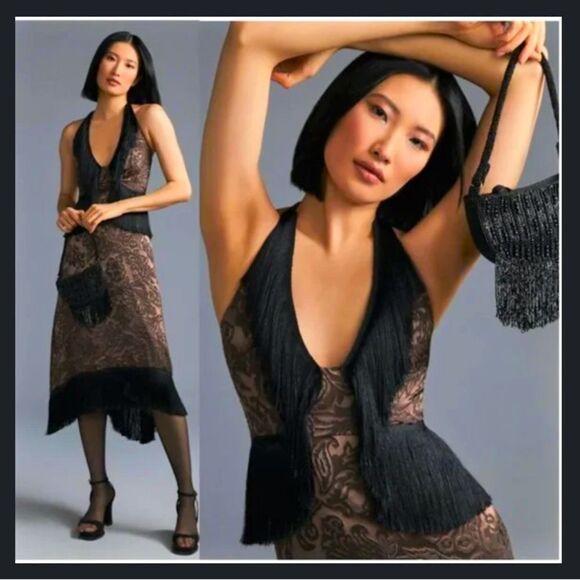 Anthropologie Fringed Velvet Halter Dress SZ 10 - Picture 1 of 5